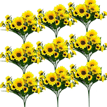 8Pack Artificial Sunflowers with Stems for Indoor Outdoor 12 inch Fake Silk Sunflower with 13 Sunflower Heads and 27 Green Leaves Decor Home Wedding Party Office (8Pack)