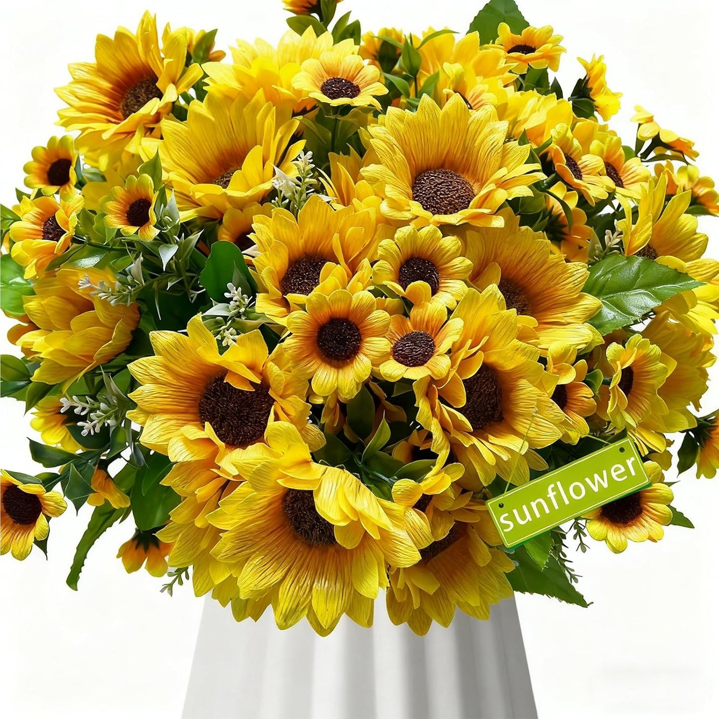 8Pack Artificial Sunflowers with Stems for Indoor Outdoor 12 inch Fake Silk Sunflower with 13 Sunflower Heads and 27 Green Leaves Decor Home Wedding Party Office (8Pack)