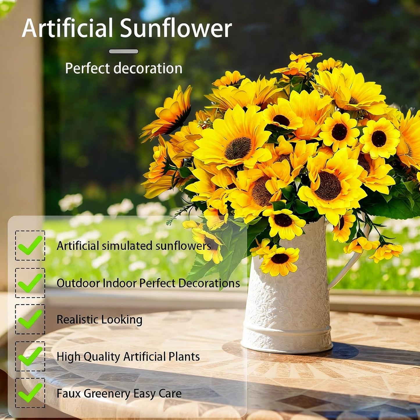 8Pack Artificial Sunflowers with Stems for Indoor Outdoor 12 inch Fake Silk Sunflower with 13 Sunflower Heads and 27 Green Leaves Decor Home Wedding Party Office (8Pack)