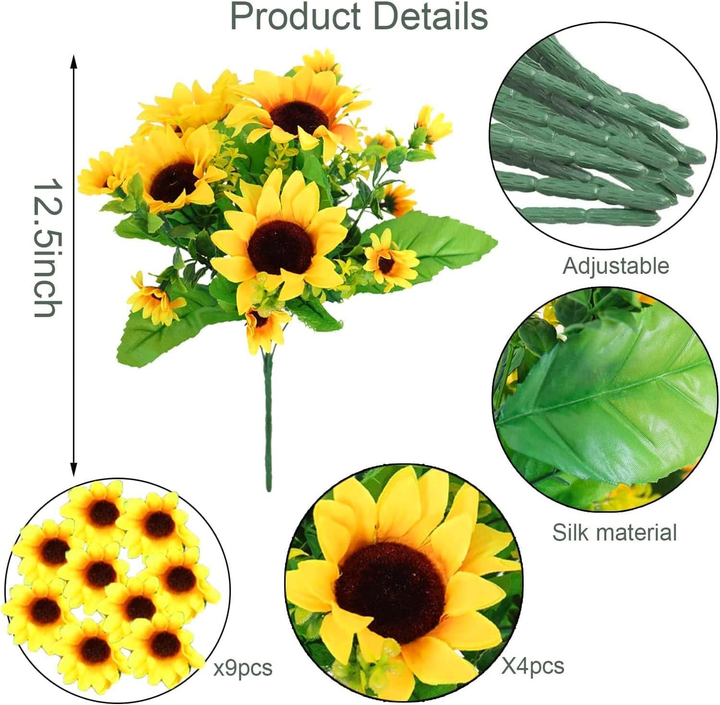 8Pack Artificial Sunflowers with Stems for Indoor Outdoor 12 inch Fake Silk Sunflower with 13 Sunflower Heads and 27 Green Leaves Decor Home Wedding Party Office (8Pack)