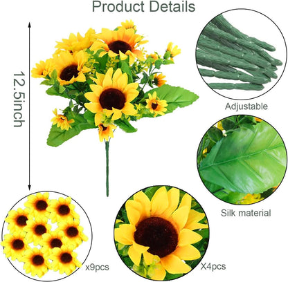8Pack Artificial Sunflowers with Stems for Indoor Outdoor 12 inch Fake Silk Sunflower with 13 Sunflower Heads and 27 Green Leaves Decor Home Wedding Party Office (8Pack)