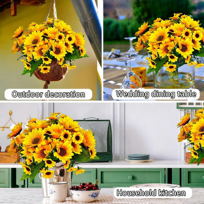 8Pack Artificial Sunflowers with Stems for Indoor Outdoor 12 inch Fake Silk Sunflower with 13 Sunflower Heads and 27 Green Leaves Decor Home Wedding Party Office (8Pack)