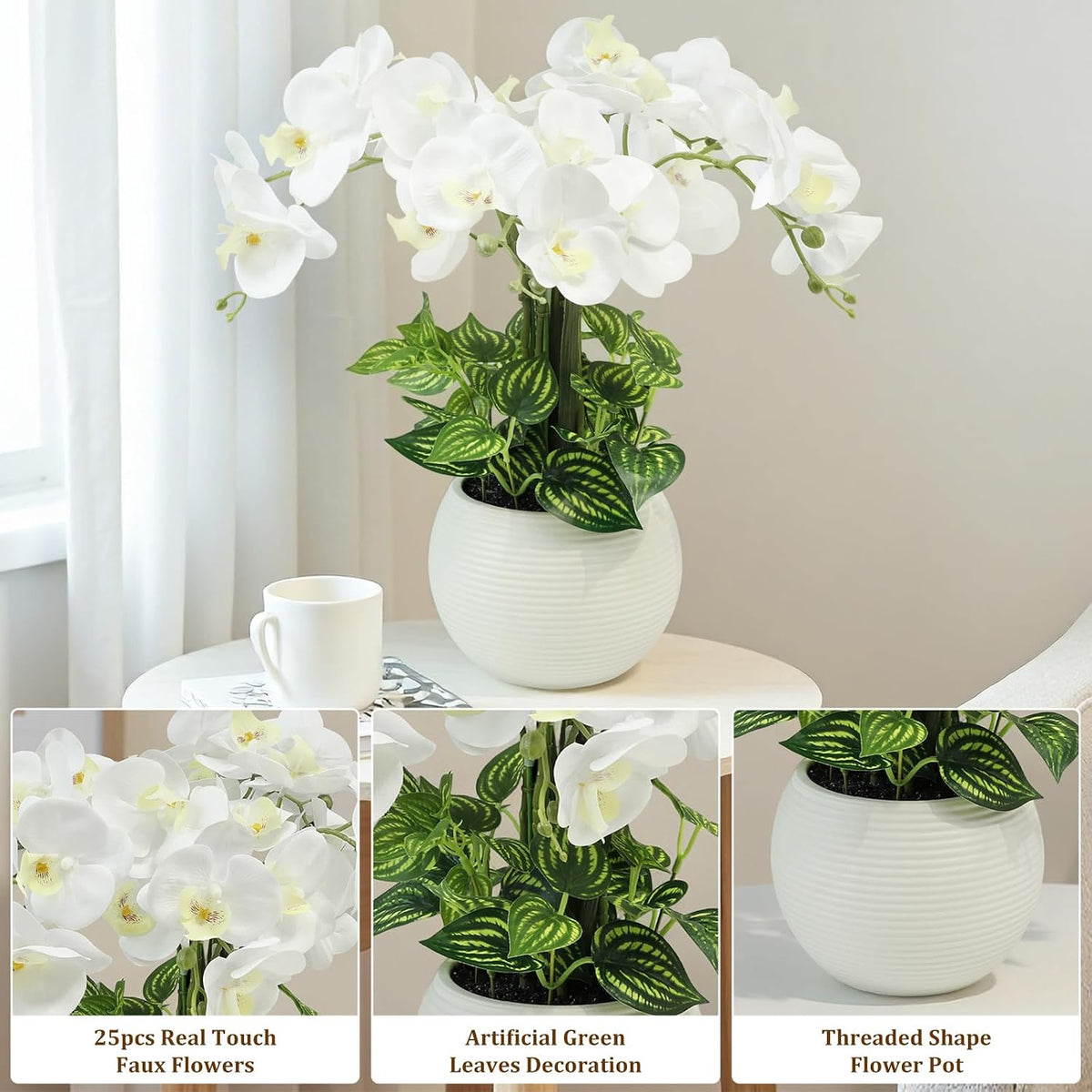 Orchids Artificial Flowers 18in with White Pot Real Touch Fake Orchid