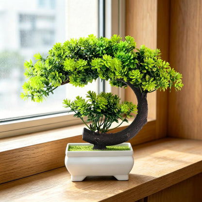 Small Fake Plants Desk Decor Artificial Bonsai with Pot, 8.5" Tall, Green