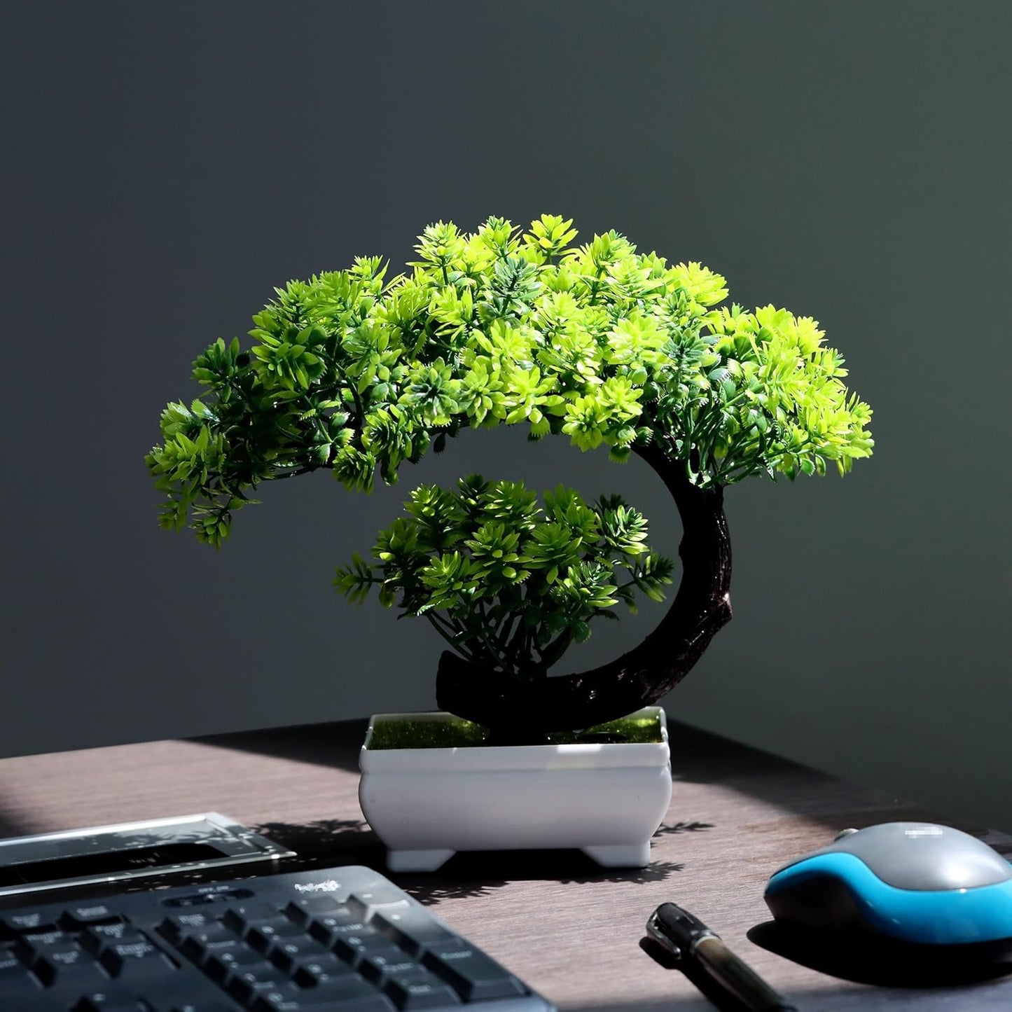 Small Fake Plants Desk Decor Artificial Bonsai with Pot, 8.5" Tall, Green