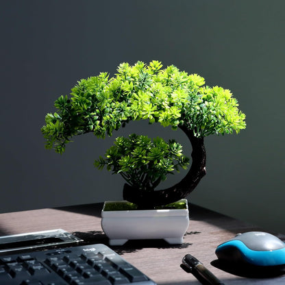 Small Fake Plants Desk Decor Artificial Bonsai with Pot, 8.5" Tall, Green