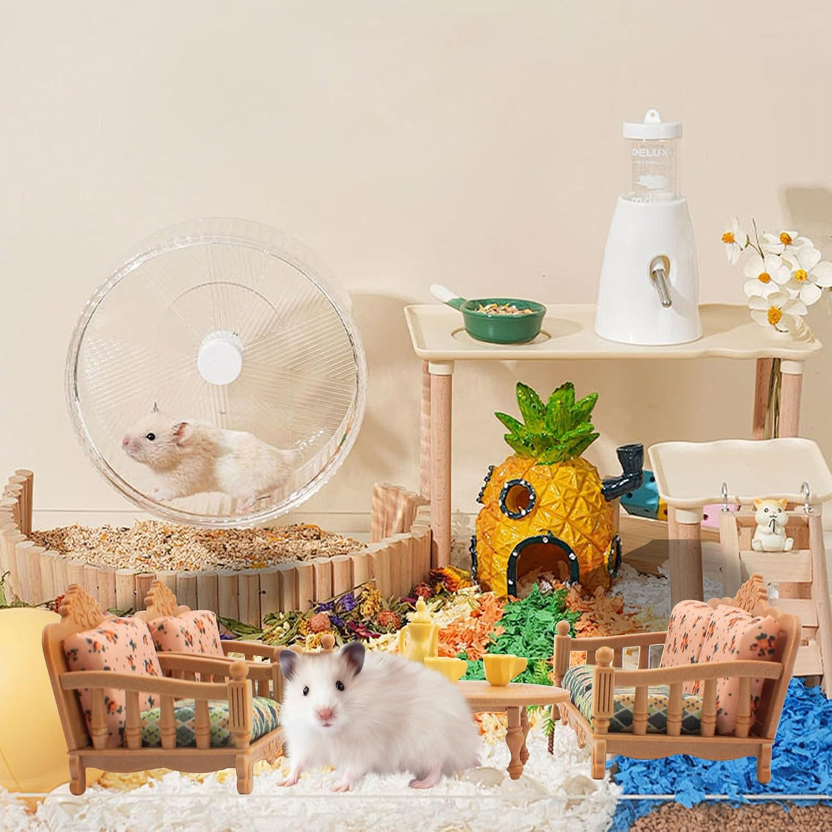 Hamster Mini Sofa Toy, Small Animal Habitat Decor Guinea Pig Furniture Toys Hamster Cage Accessories Including Couch and Teatable Coffee Cups, Habitat Accessories for Rat Dwarf