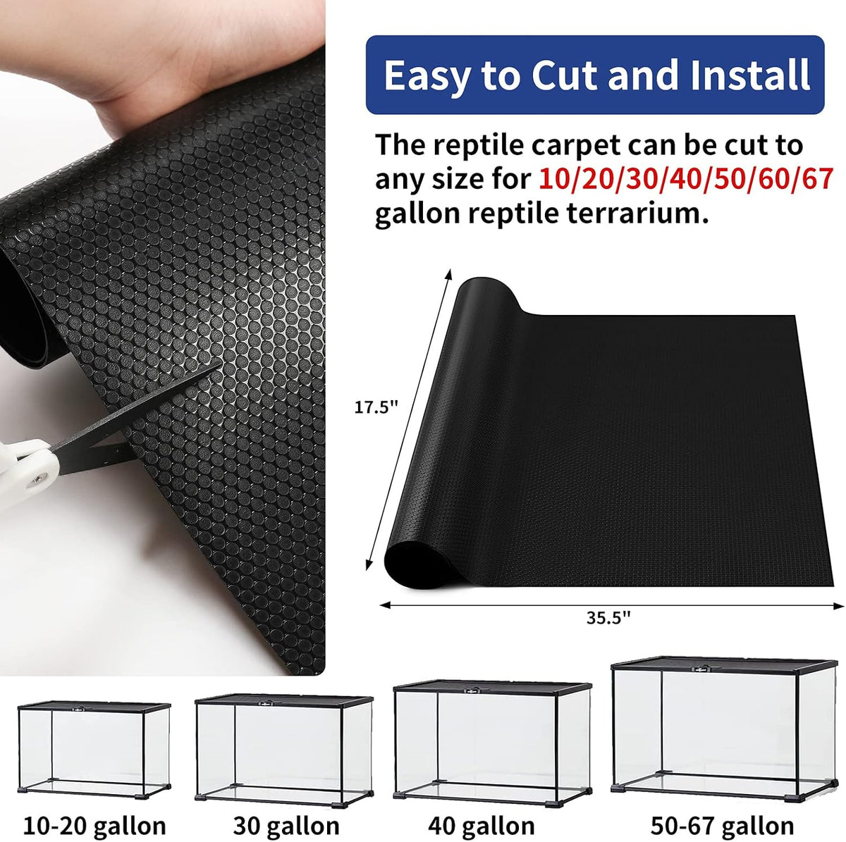 Bearded Dragon Tank Accessories, Reptile Carpet Bedding, Non-Adhesive Reptile Mat Warming Reptile Terrarium Liner Substrate for Leopard Gecko, Snake, Lizard, Tortoise, Iguana Black(18"x72")