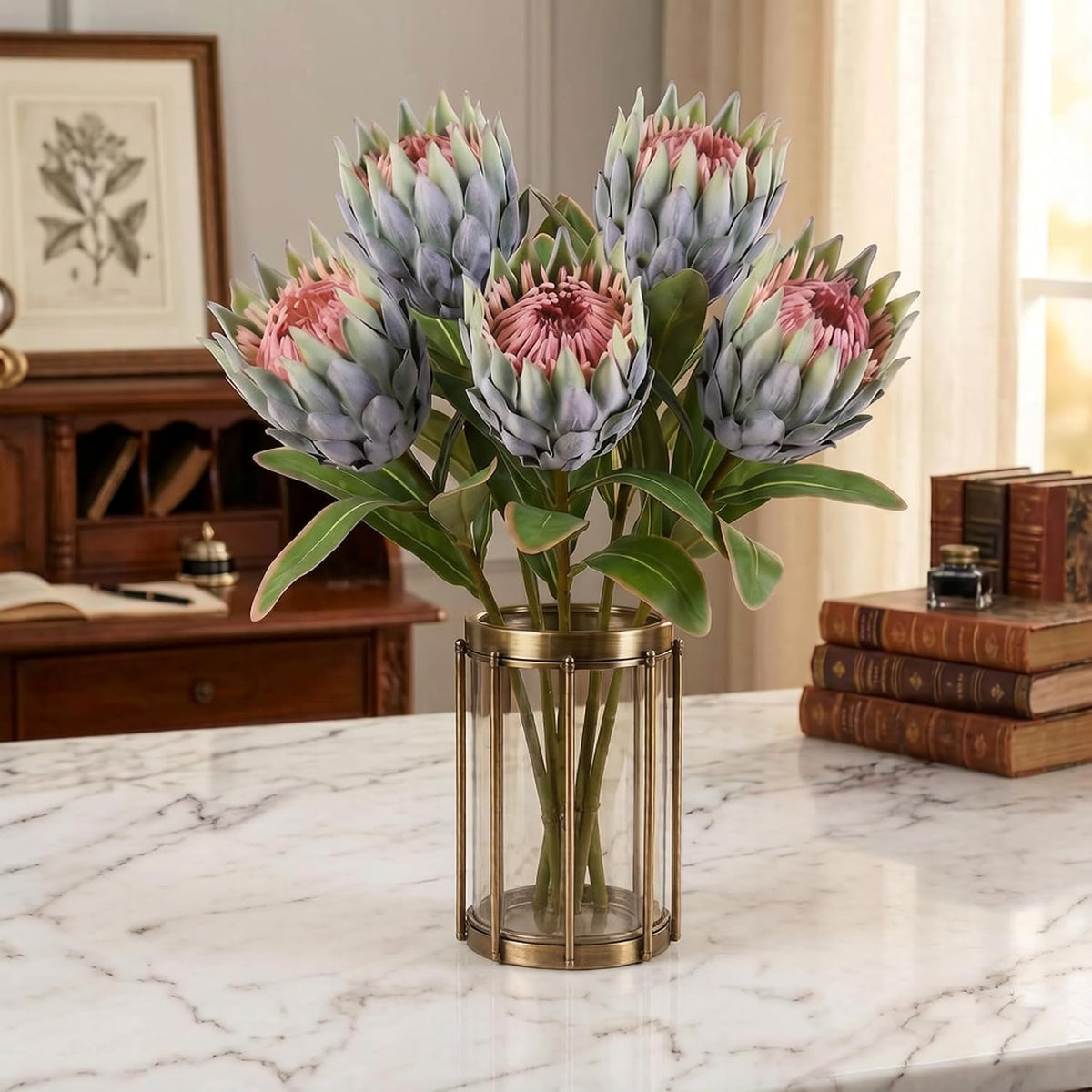 5PCS Artificial Protea Flowers with Flocked Finish, 19 Inch Faux Tropical Silk Flowers for Arrangement & Decor, Wedding, Centerpiece