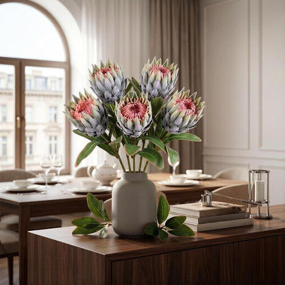 5PCS Artificial Protea Flowers with Flocked Finish, 19 Inch Faux Tropical Silk Flowers for Arrangement & Decor, Wedding, Centerpiece