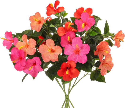 3 Pack Artificial Hibiscus Flowers 33"x13" Silk & Plastic Tropical Bouquets Lifelike Blooms with Bendable Stems Faux Hawaiian Flowers for Home Living Room Wedding Patio (Red)