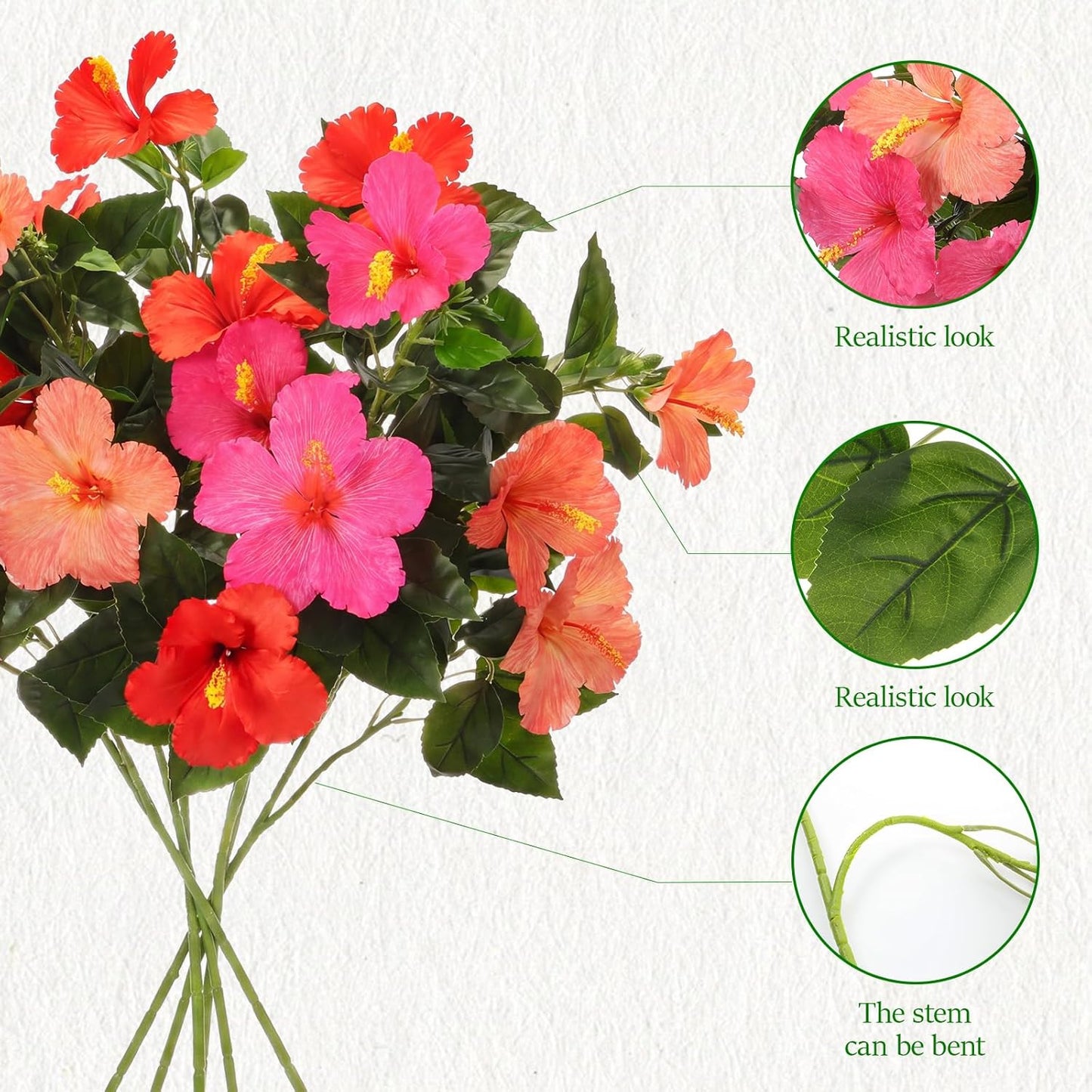 3 Pack Artificial Hibiscus Flowers 33"x13" Silk & Plastic Tropical Bouquets Lifelike Blooms with Bendable Stems Faux Hawaiian Flowers for Home Living Room Wedding Patio (Red)