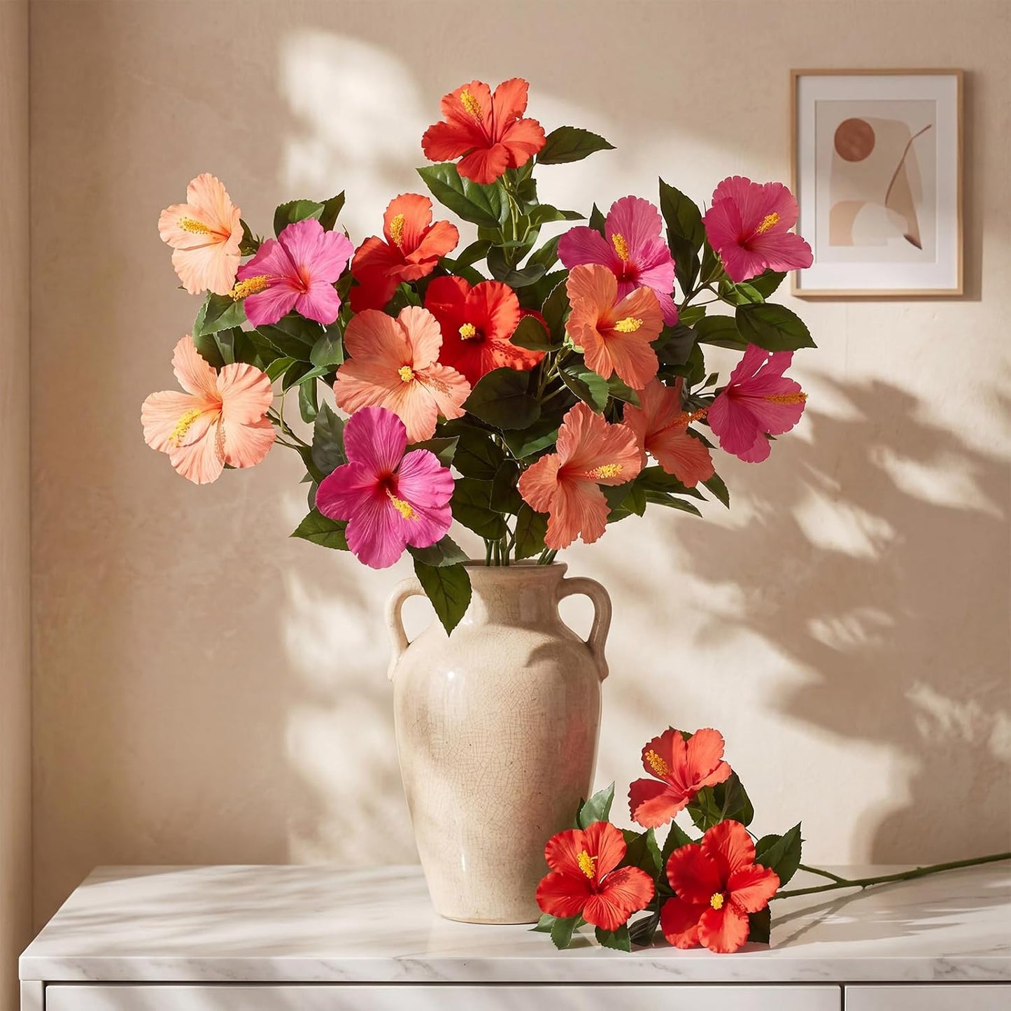 3 Pack Artificial Hibiscus Flowers 33"x13" Silk & Plastic Tropical Bouquets Lifelike Blooms with Bendable Stems Faux Hawaiian Flowers for Home Living Room Wedding Patio (Red)