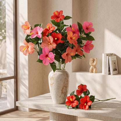 3 Pack Artificial Hibiscus Flowers 33"x13" Silk & Plastic Tropical Bouquets Lifelike Blooms with Bendable Stems Faux Hawaiian Flowers for Home Living Room Wedding Patio (Red)