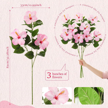 3 Pack Artificial Hibiscus Flowers 33"x13" Silk & Plastic Tropical Bouquets Lifelike Blooms with Bendable Stems Faux Hawaiian Flowers for Home Living Room Wedding Patio (Red)