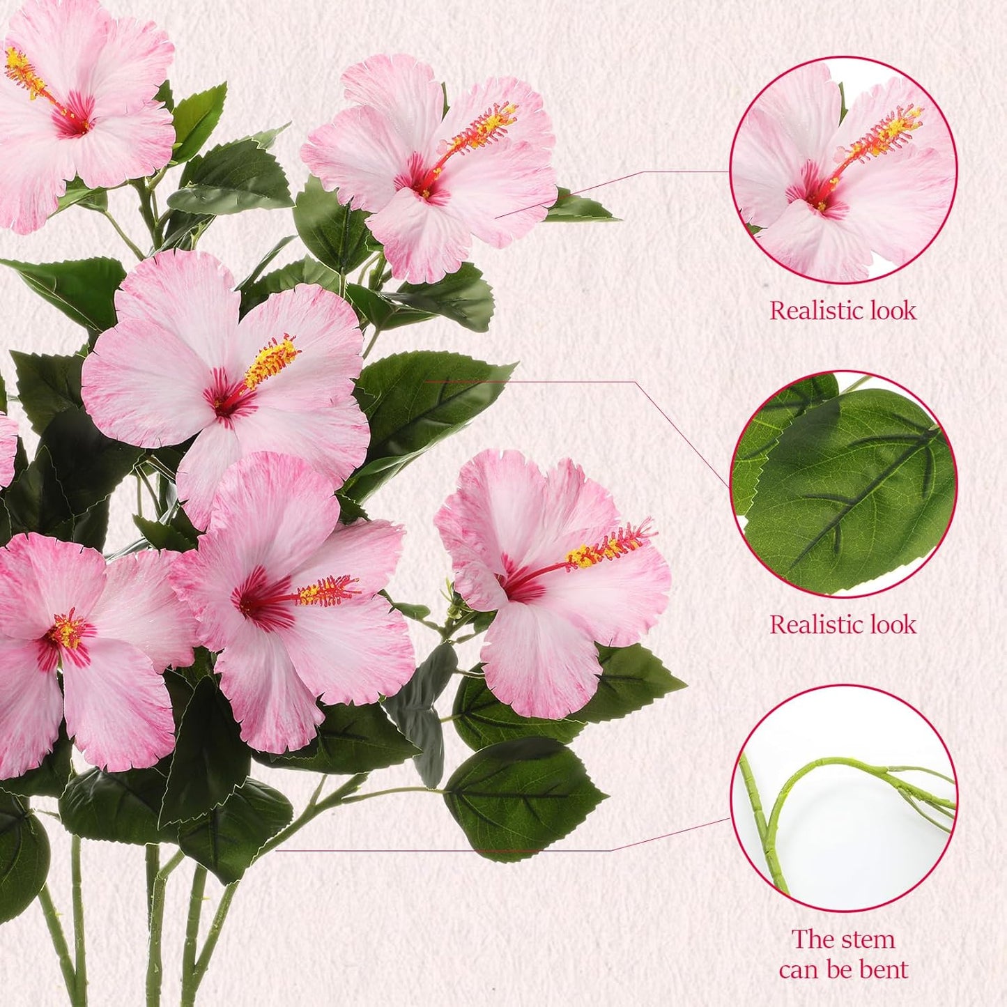 3 Pack Artificial Hibiscus Flowers 33"x13" Silk & Plastic Tropical Bouquets Lifelike Blooms with Bendable Stems Faux Hawaiian Flowers for Home Living Room Wedding Patio (Red)