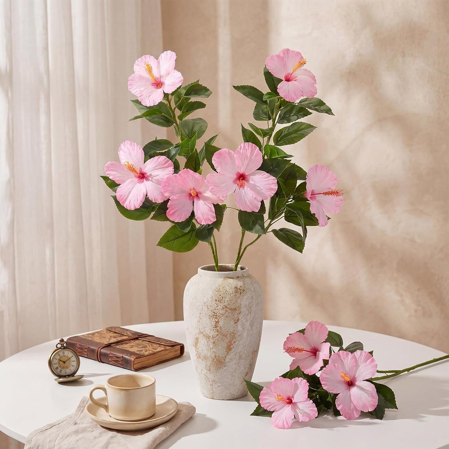 3 Pack Artificial Hibiscus Flowers 33"x13" Silk & Plastic Tropical Bouquets Lifelike Blooms with Bendable Stems Faux Hawaiian Flowers for Home Living Room Wedding Patio (Red)