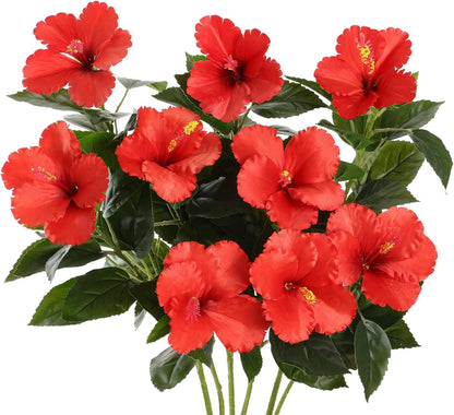 3 Pack Artificial Hibiscus Flowers 33"x13" Silk & Plastic Tropical Bouquets Lifelike Blooms with Bendable Stems Faux Hawaiian Flowers for Home Living Room Wedding Patio (Red)