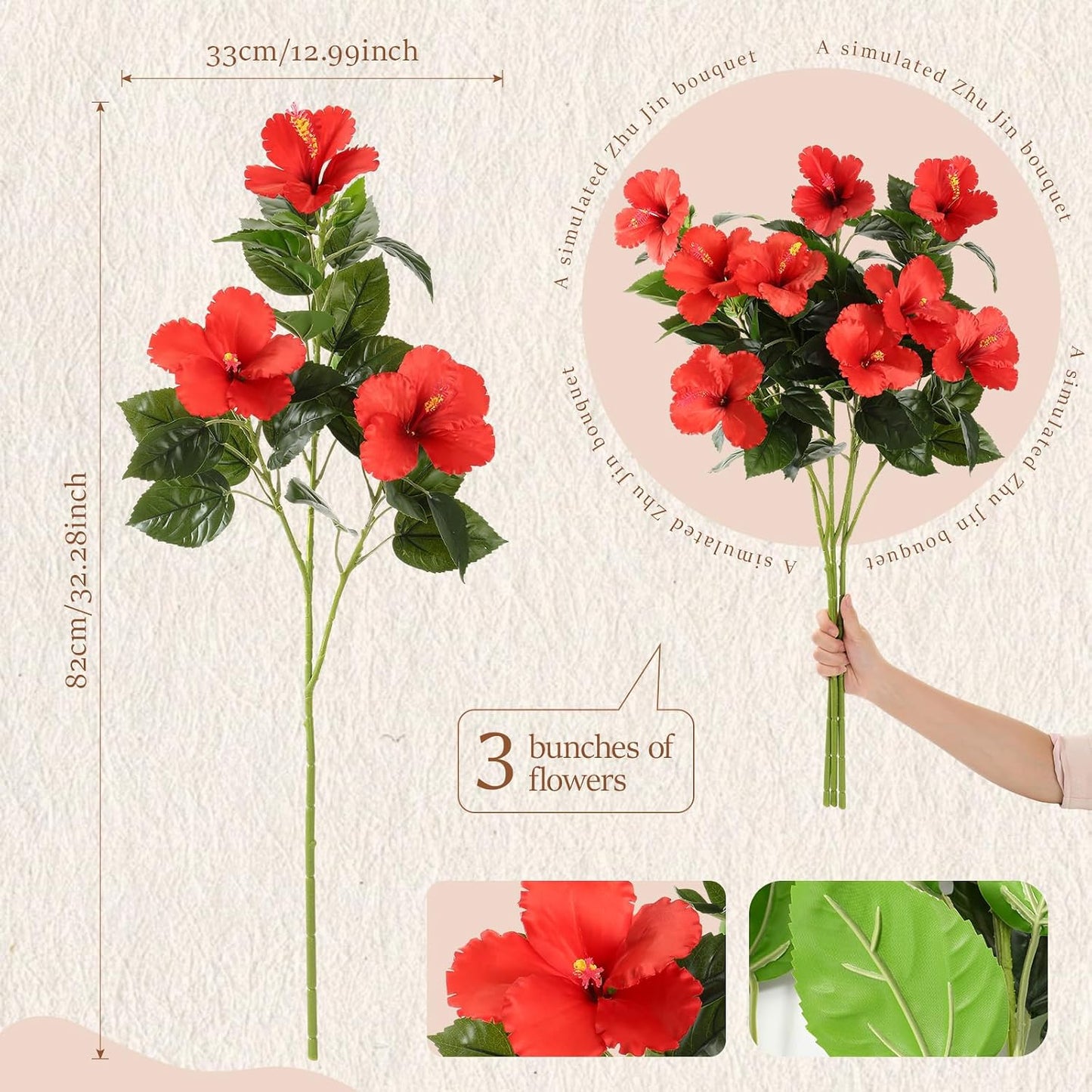3 Pack Artificial Hibiscus Flowers 33"x13" Silk & Plastic Tropical Bouquets Lifelike Blooms with Bendable Stems Faux Hawaiian Flowers for Home Living Room Wedding Patio (Red)
