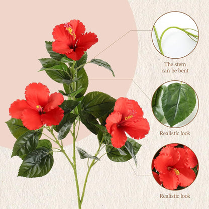 3 Pack Artificial Hibiscus Flowers 33"x13" Silk & Plastic Tropical Bouquets Lifelike Blooms with Bendable Stems Faux Hawaiian Flowers for Home Living Room Wedding Patio (Red)