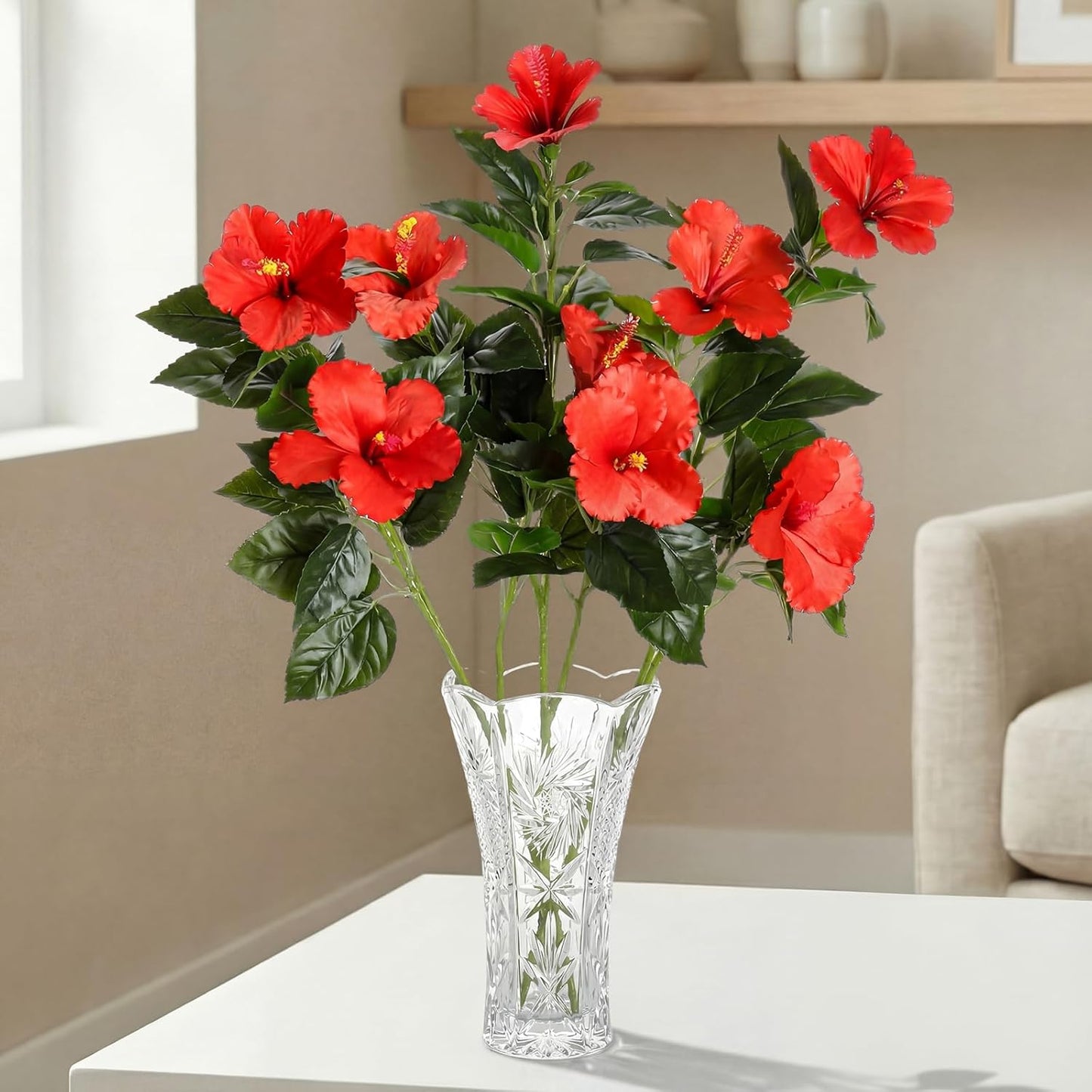 3 Pack Artificial Hibiscus Flowers 33"x13" Silk & Plastic Tropical Bouquets Lifelike Blooms with Bendable Stems Faux Hawaiian Flowers for Home Living Room Wedding Patio (Red)