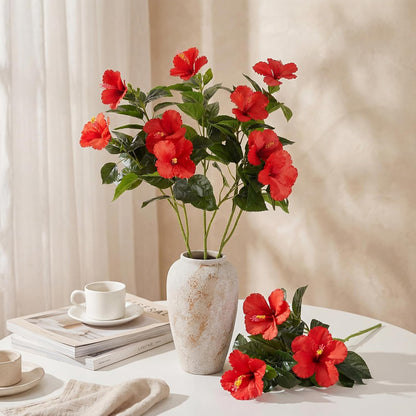3 Pack Artificial Hibiscus Flowers 33"x13" Silk & Plastic Tropical Bouquets Lifelike Blooms with Bendable Stems Faux Hawaiian Flowers for Home Living Room Wedding Patio (Red)
