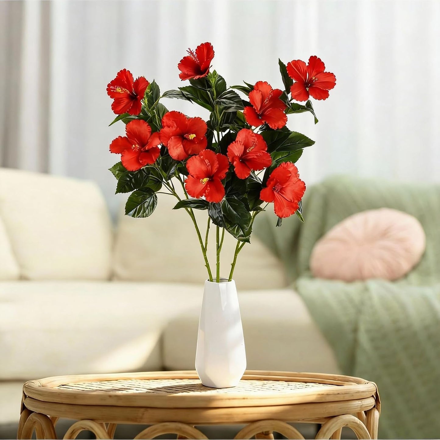 3 Pack Artificial Hibiscus Flowers 33"x13" Silk & Plastic Tropical Bouquets Lifelike Blooms with Bendable Stems Faux Hawaiian Flowers for Home Living Room Wedding Patio (Red)