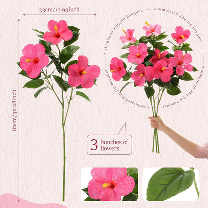 3 Pack Artificial Hibiscus Flowers 33"x13" Silk & Plastic Tropical Bouquets Lifelike Blooms with Bendable Stems Faux Hawaiian Flowers for Home Living Room Wedding Patio (Red)