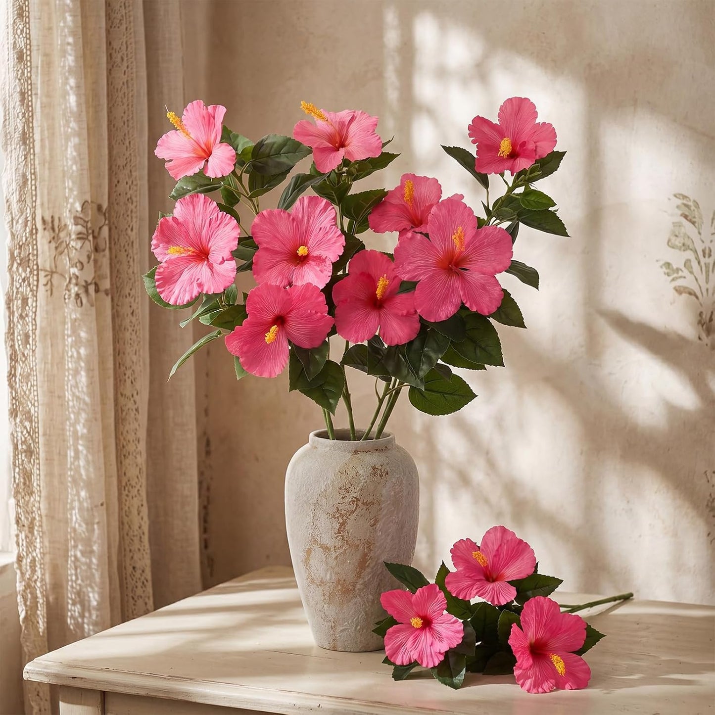 3 Pack Artificial Hibiscus Flowers 33"x13" Silk & Plastic Tropical Bouquets Lifelike Blooms with Bendable Stems Faux Hawaiian Flowers for Home Living Room Wedding Patio (Red)