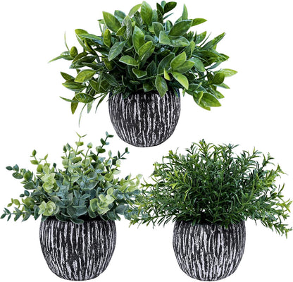 Set of 3 Artificial Potted Plants Faux Eucalyptus Rosemary Boxwood Greenery in Black & White Concrete Pots Small Fake Plant for Indoor Outdoor Home Office Table Shelf Windowsill Greens Décor