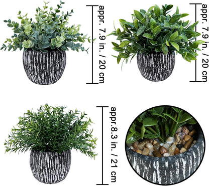 Set of 3 Artificial Potted Plants Faux Eucalyptus Rosemary Boxwood Greenery in Black & White Concrete Pots Small Fake Plant for Indoor Outdoor Home Office Table Shelf Windowsill Greens Décor