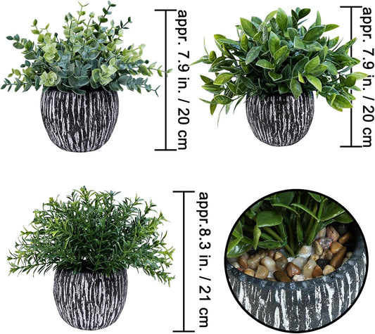 Set of 3 Artificial Potted Plants Faux Eucalyptus Rosemary Boxwood Greenery in Black & White Concrete Pots Small Fake Plant for Indoor Outdoor Home Office Table Shelf Windowsill Greens Décor