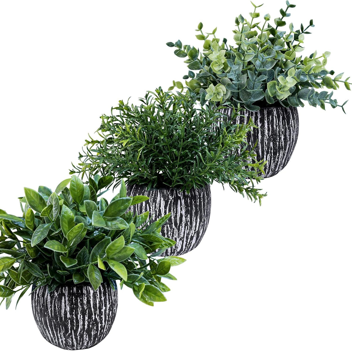 Set of 3 Artificial Potted Plants Faux Eucalyptus Rosemary Boxwood Greenery in Black & White Concrete Pots Small Fake Plant for Indoor Outdoor Home Office Table Shelf Windowsill Greens Décor