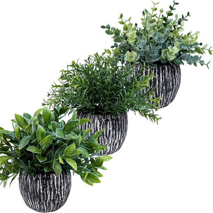 Set of 3 Artificial Potted Plants Faux Eucalyptus Rosemary Boxwood Greenery in Black & White Concrete Pots Small Fake Plant for Indoor Outdoor Home Office Table Shelf Windowsill Greens Décor