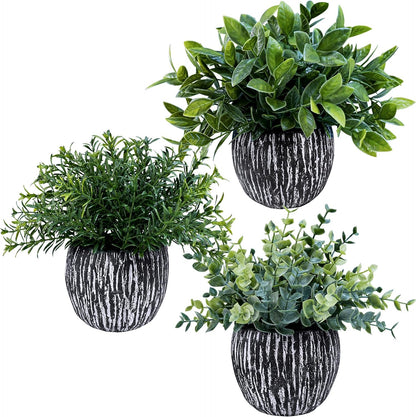 Set of 3 Artificial Potted Plants Faux Eucalyptus Rosemary Boxwood Greenery in Black & White Concrete Pots Small Fake Plant for Indoor Outdoor Home Office Table Shelf Windowsill Greens Décor