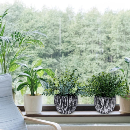 Set of 3 Artificial Potted Plants Faux Eucalyptus Rosemary Boxwood Greenery in Black & White Concrete Pots Small Fake Plant for Indoor Outdoor Home Office Table Shelf Windowsill Greens Décor