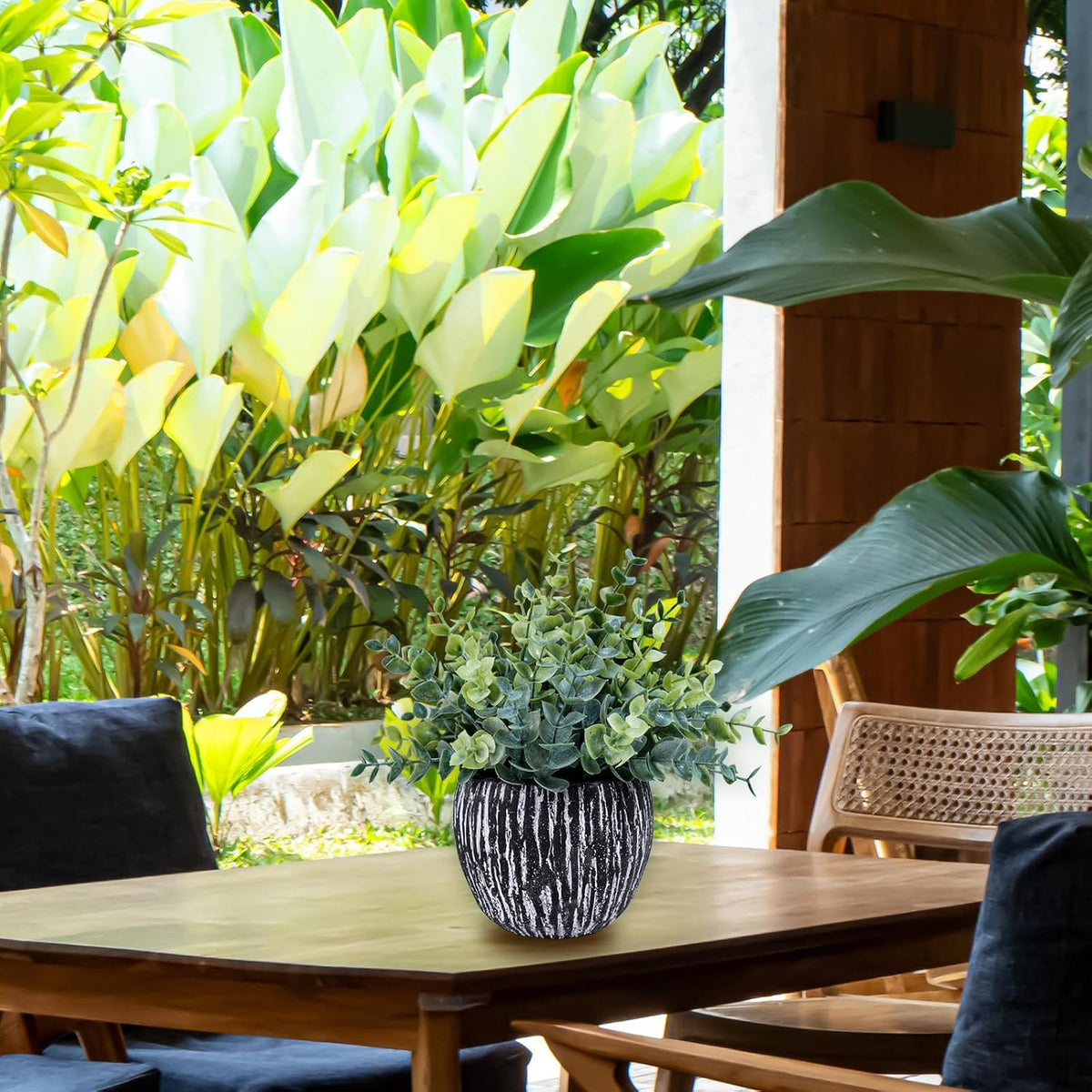 Set of 3 Artificial Potted Plants Faux Eucalyptus Rosemary Boxwood Greenery in Black & White Concrete Pots Small Fake Plant for Indoor Outdoor Home Office Table Shelf Windowsill Greens Décor