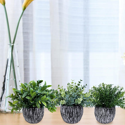 Set of 3 Artificial Potted Plants Faux Eucalyptus Rosemary Boxwood Greenery in Black & White Concrete Pots Small Fake Plant for Indoor Outdoor Home Office Table Shelf Windowsill Greens Décor