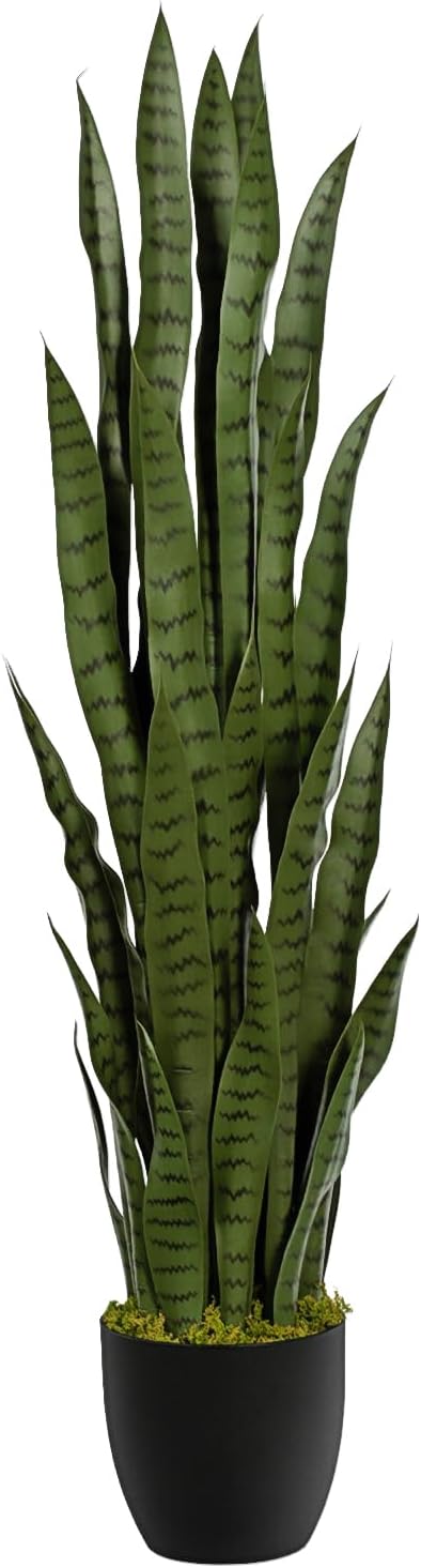 4ft Artificial Snake Plant – 46in Faux Sansevieria Plants, Fake Floor Plant for Indoor Outdoor, Front Porch Patio Home Office Decor, Mother-in-Law’s Tongue, Green
