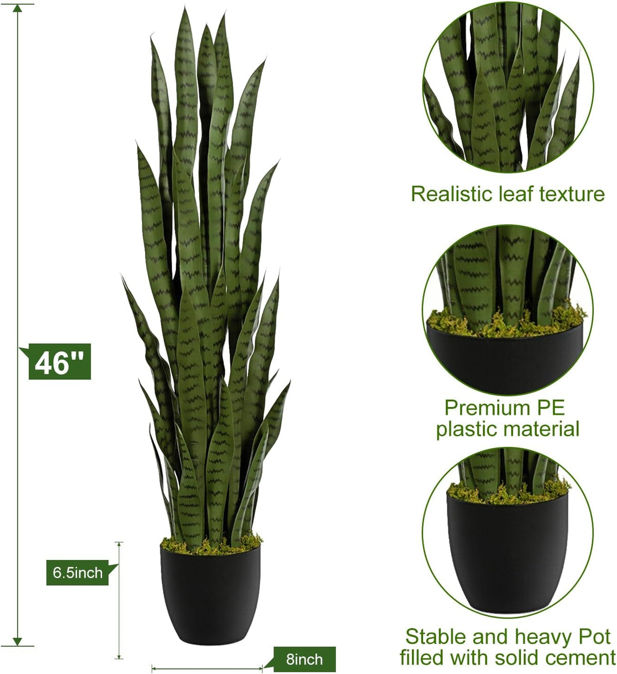 4ft Artificial Snake Plant – 46in Faux Sansevieria Plants, Fake Floor Plant for Indoor Outdoor, Front Porch Patio Home Office Decor, Mother-in-Law’s Tongue, Green