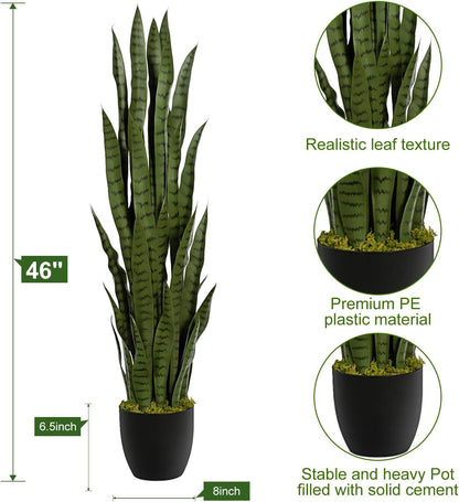 4ft Artificial Snake Plant – 46in Faux Sansevieria Plants, Fake Floor Plant for Indoor Outdoor, Front Porch Patio Home Office Decor, Mother-in-Law’s Tongue, Green