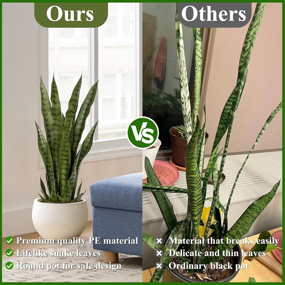 4ft Artificial Snake Plant – 46in Faux Sansevieria Plants, Fake Floor Plant for Indoor Outdoor, Front Porch Patio Home Office Decor, Mother-in-Law’s Tongue, Green