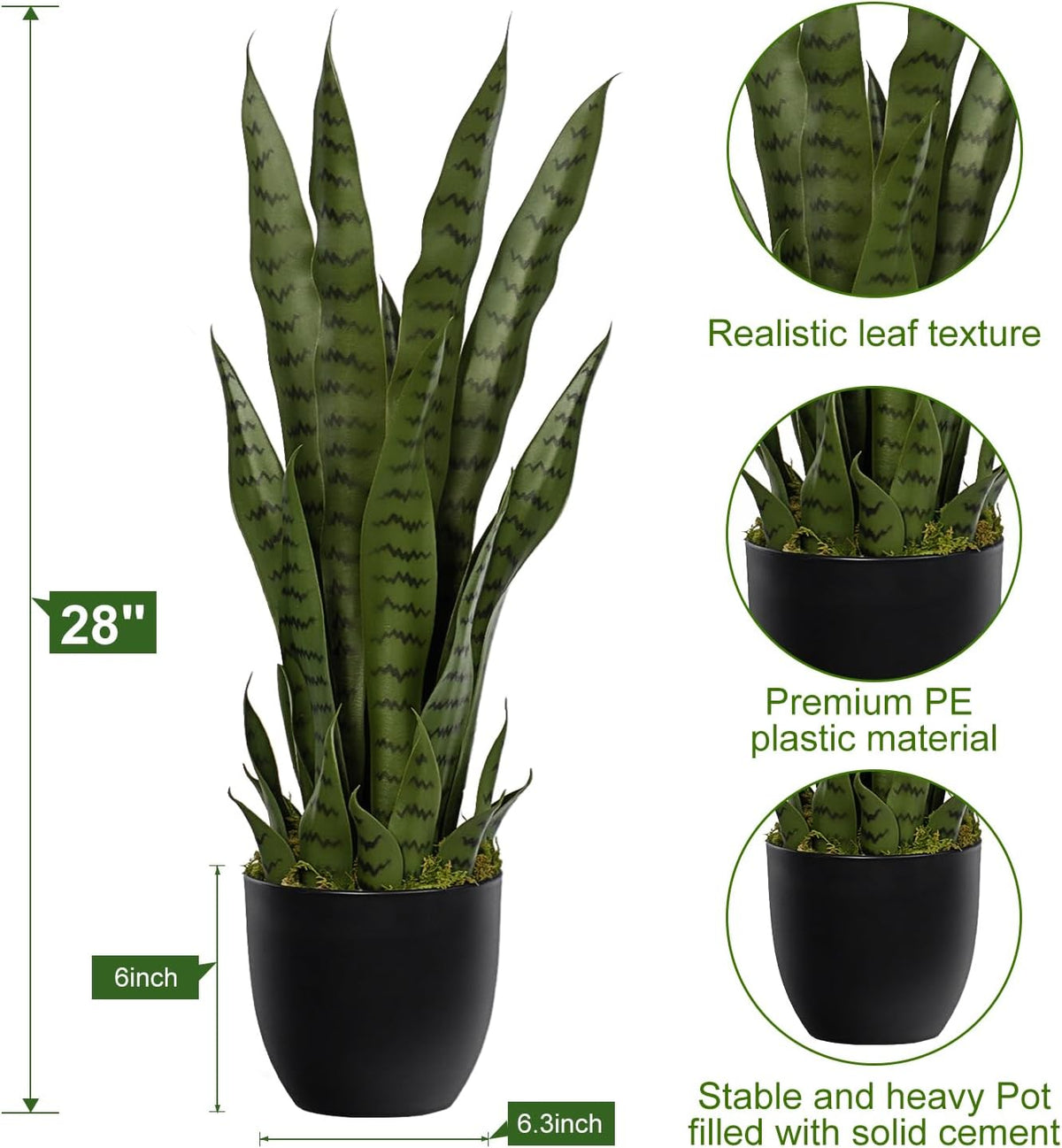 4ft Artificial Snake Plant – 46in Faux Sansevieria Plants, Fake Floor Plant for Indoor Outdoor, Front Porch Patio Home Office Decor, Mother-in-Law’s Tongue, Green