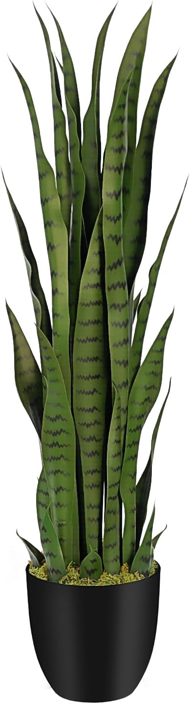 4ft Artificial Snake Plant – 46in Faux Sansevieria Plants, Fake Floor Plant for Indoor Outdoor, Front Porch Patio Home Office Decor, Mother-in-Law’s Tongue, Green