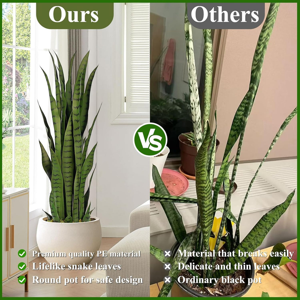 4ft Artificial Snake Plant – 46in Faux Sansevieria Plants, Fake Floor Plant for Indoor Outdoor, Front Porch Patio Home Office Decor, Mother-in-Law’s Tongue, Green