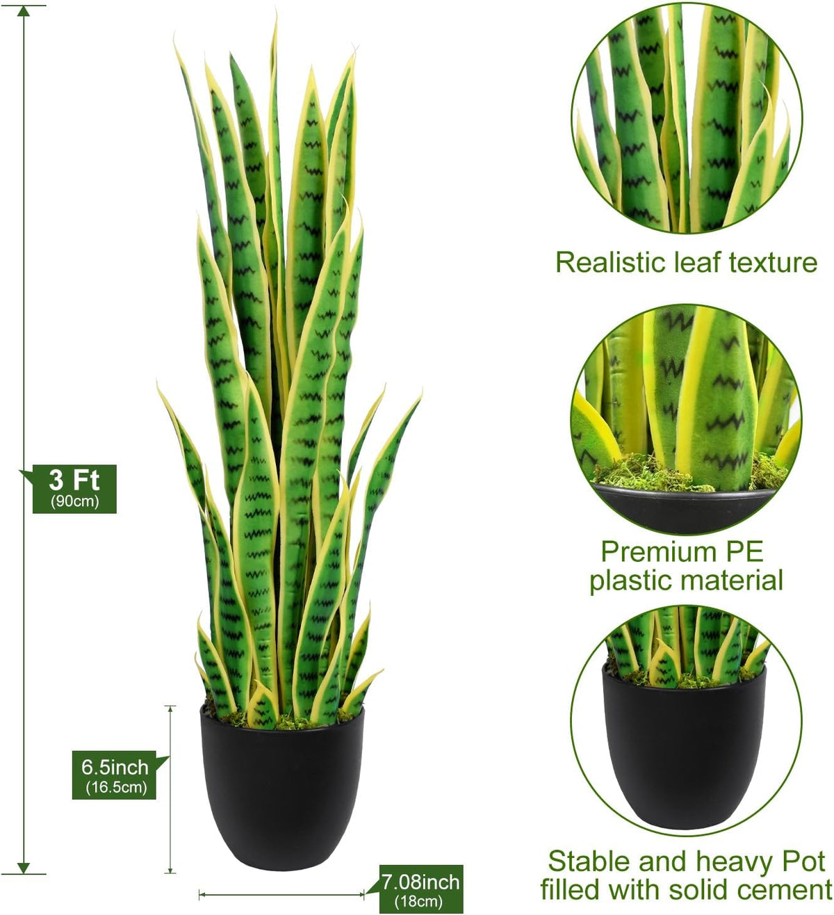 4ft Artificial Snake Plant – 46in Faux Sansevieria Plants, Fake Floor Plant for Indoor Outdoor, Front Porch Patio Home Office Decor, Mother-in-Law’s Tongue, Green