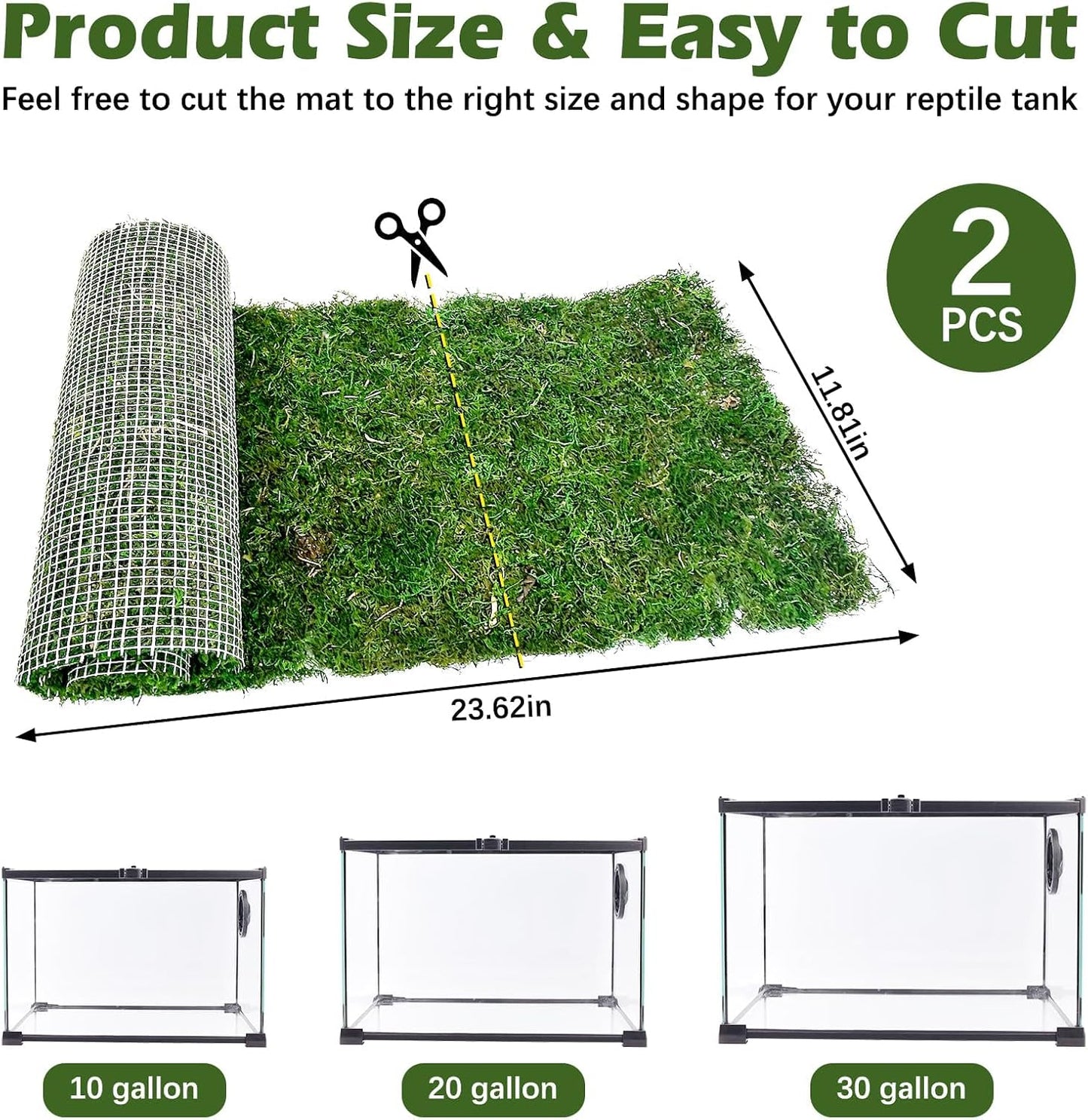 2 PCS Reptile Carpet Cuttable Terrarium Mat Artificial Moss Reptile Liner Green Substrate Flooring Bearded Dragon Tank Accessories for Leopard Gecko Lizard Snake Tortoise (11.81" x 23.62")
