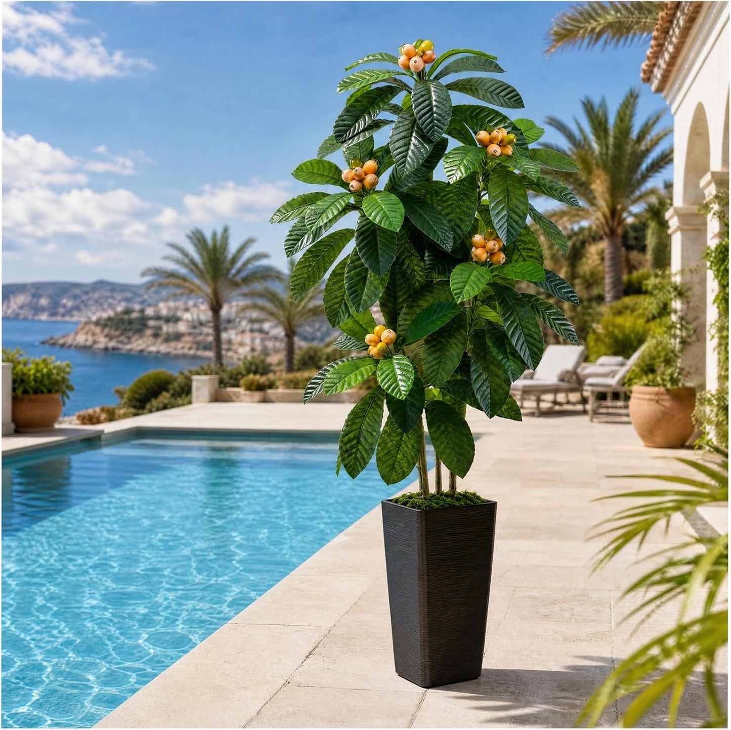 Artificial Fruit Tree 5FT, Fake Loquat Tree Indoor with White Tall Planter, Realistic Faux Japanese Medlar Tree with Lifelike Fruit for Living Room Office Entryway Decor