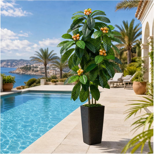 Artificial Fruit Tree 5FT, Fake Loquat Tree Indoor with White Tall Planter, Realistic Faux Japanese Medlar Tree with Lifelike Fruit for Living Room Office Entryway Decor