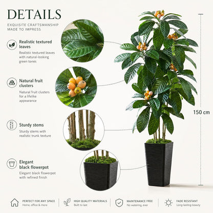 Artificial Fruit Tree 5FT, Fake Loquat Tree Indoor with White Tall Planter, Realistic Faux Japanese Medlar Tree with Lifelike Fruit for Living Room Office Entryway Decor